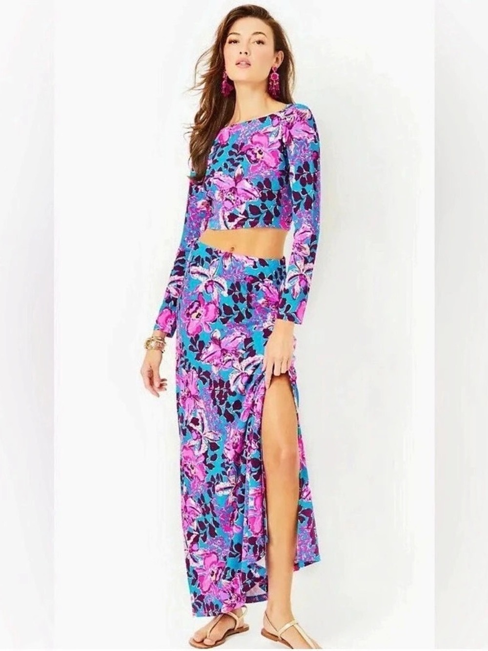 Lilly Pulitzer Nessi Maxi Set Floral Skirt Set Blue & Pink Medium